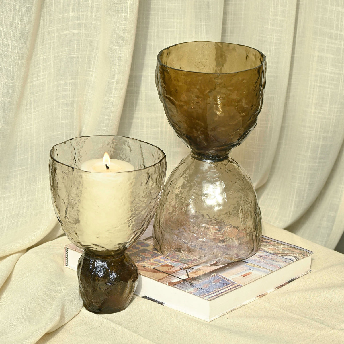 Pijlerkaarsenhouder van getextureerd glas - Omkeerbaar, tweekleurig