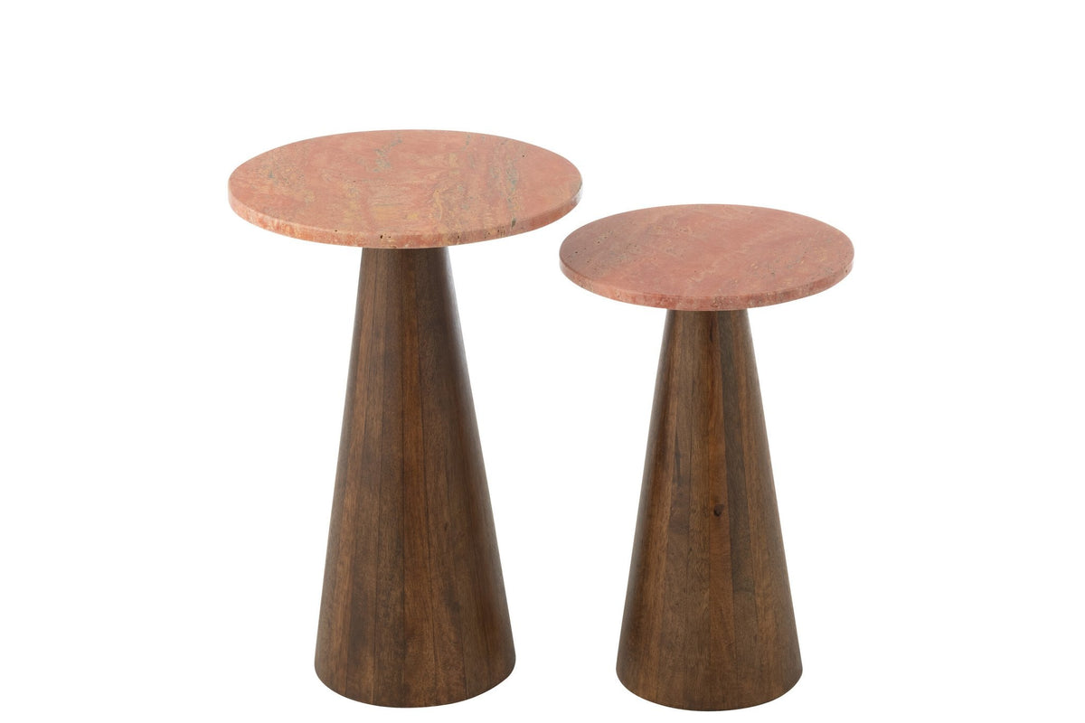 J-Line bijzettafel Rond Marmer - hout - terracotta/bruin - set van 2