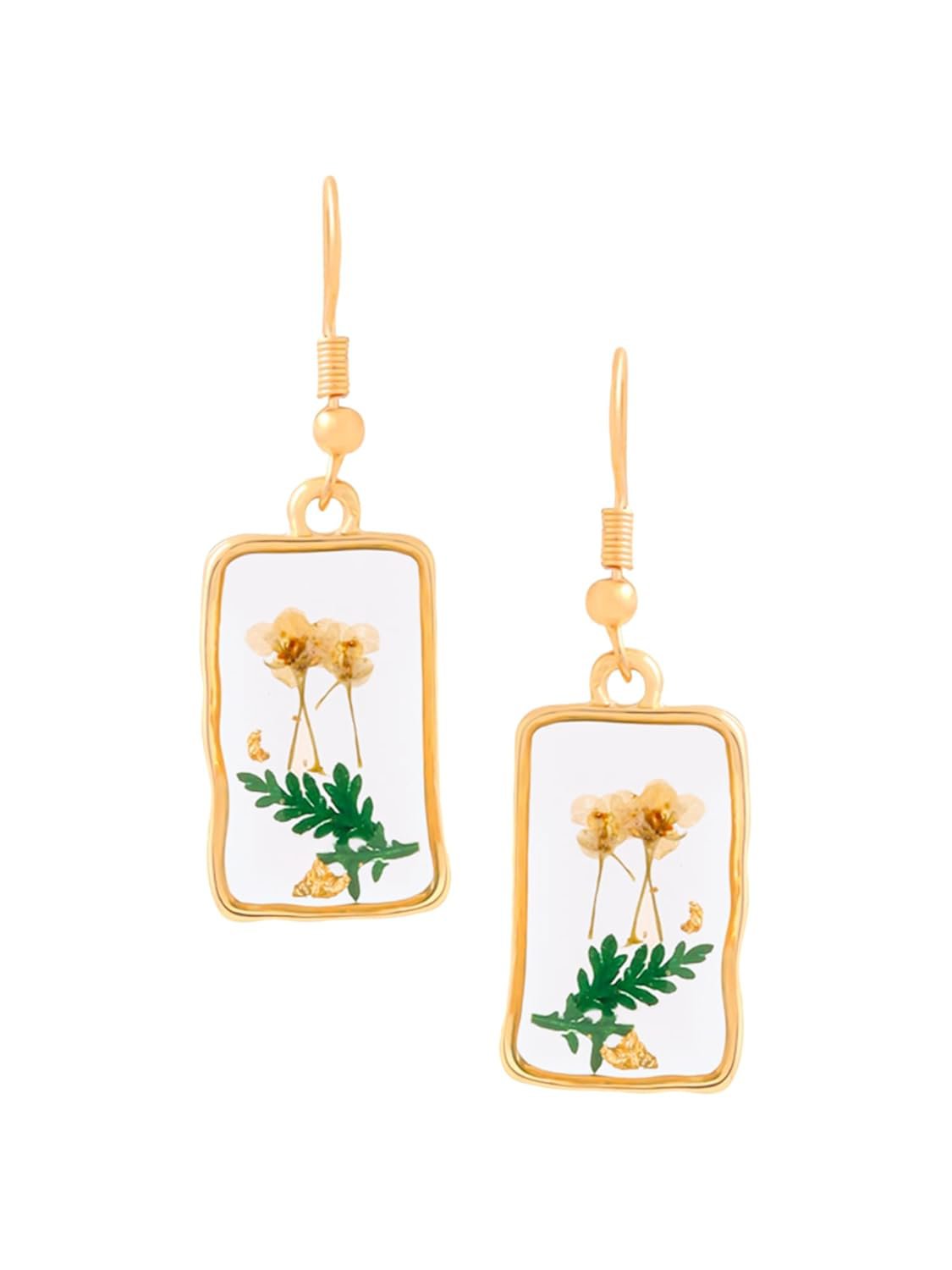 Gele bloem geperste oorbellen – mode-sieraden – hars en gouden afwerking – enkel paar