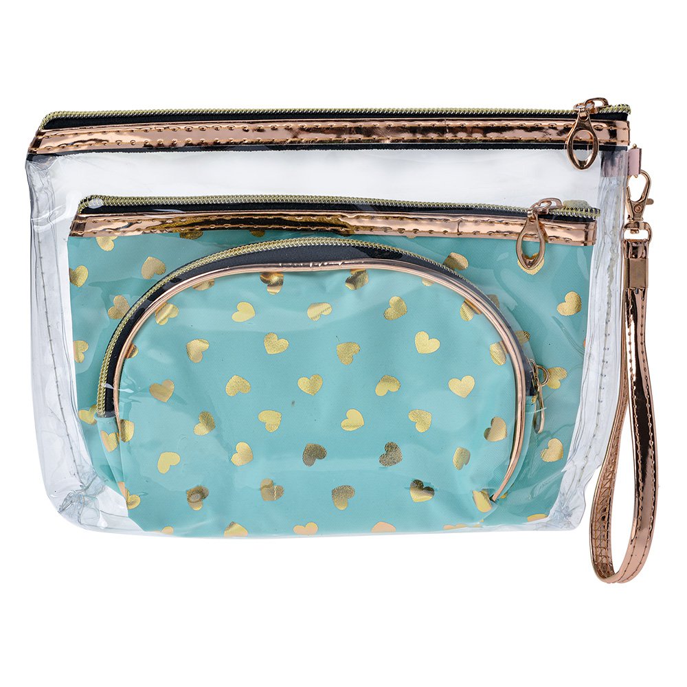 Toilettas Dames Set van 3 23x17 / 20x13 / 18x12 cm Turquoise Polyester Hartjes