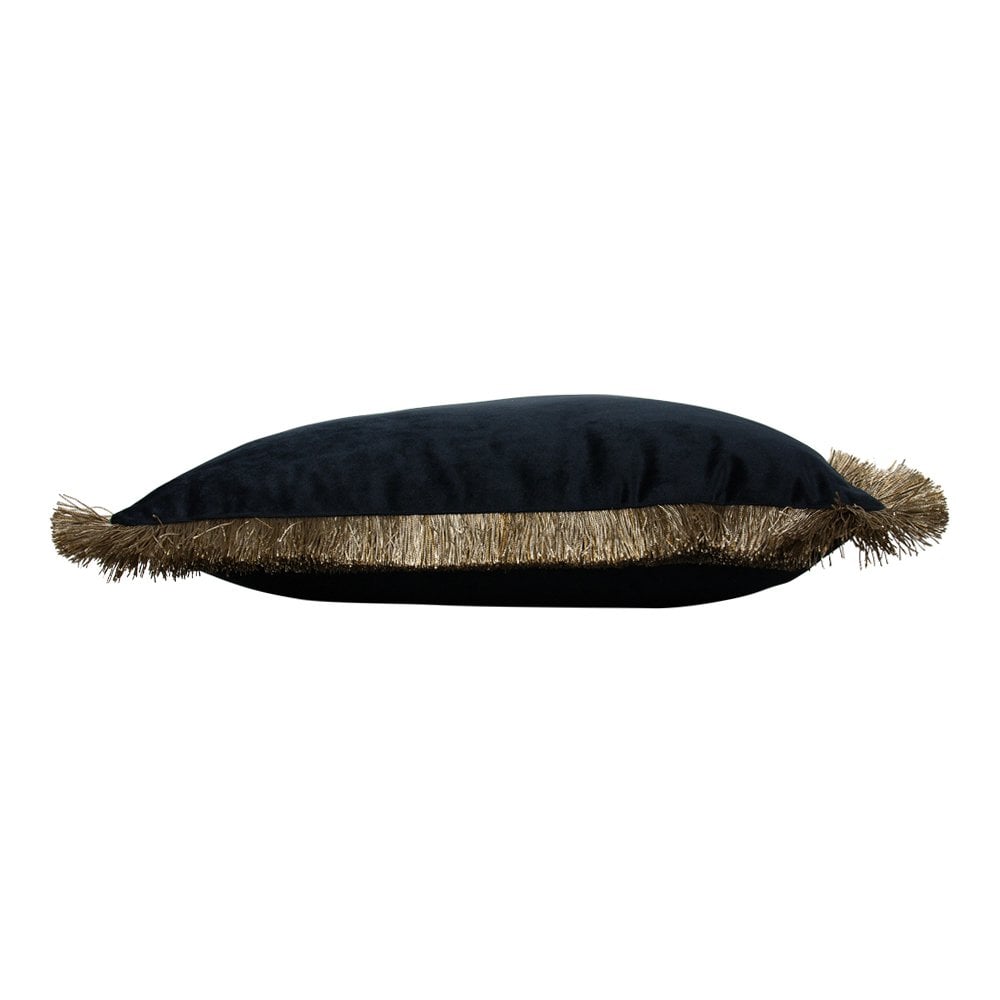 Kussen fluweel gouden franjes zwart 45x45cm