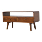 Massief mangohout gebogen kastanje mediameubel met 2 lades, open opbergruimte en Scandinavische poten | Kastanje Afwerking | 90x35x47 cm