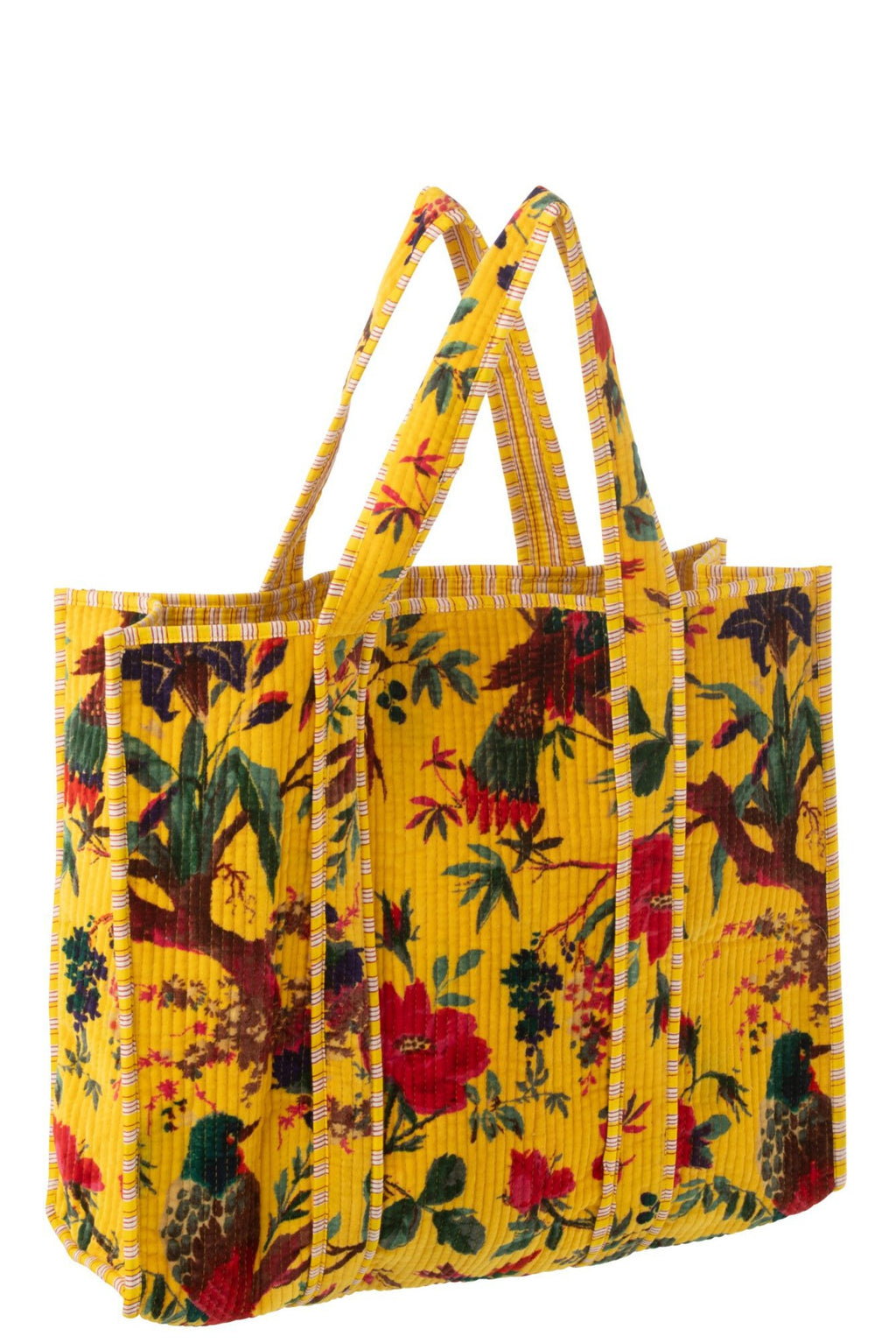 J-Line Tas Vogels/Bloemen Katoenfluweel Geel