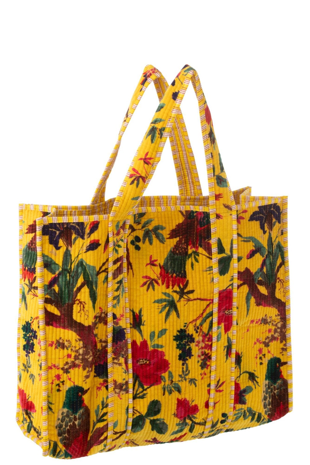J-Line Tas Vogels/Bloemen Katoenfluweel Geel