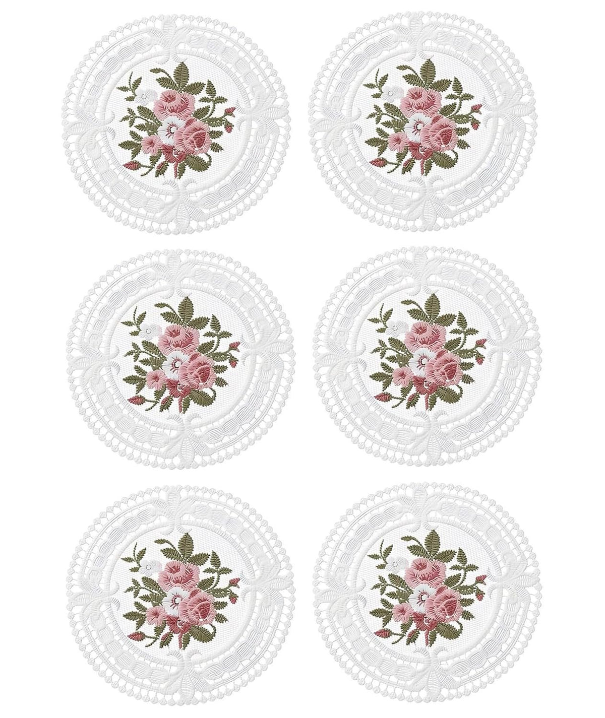 Witte vintage geborduurde onderzetters set van 6, rond | Elegante eettafelmatten, theekopstandaards, woondecoratiecadeau