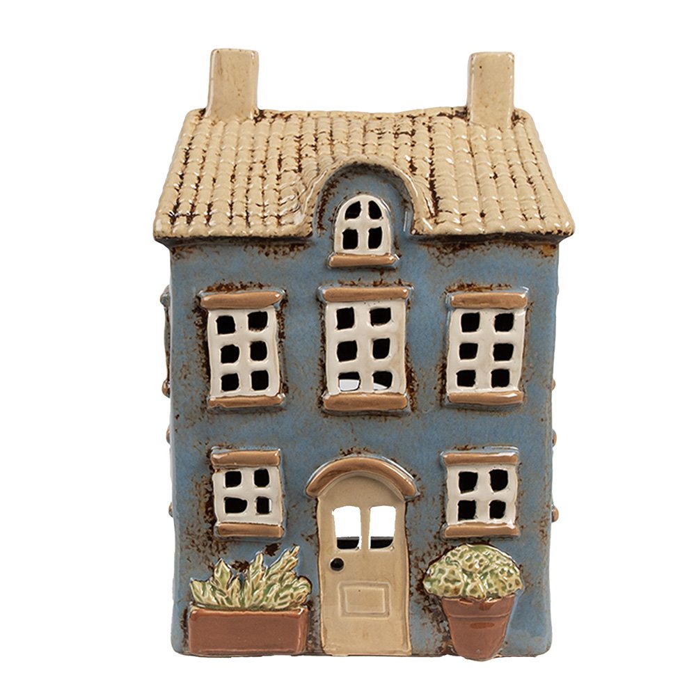 Waxinelichthouder Huis 16x10x23 cm Blauw Beige Keramiek Theelichthouder