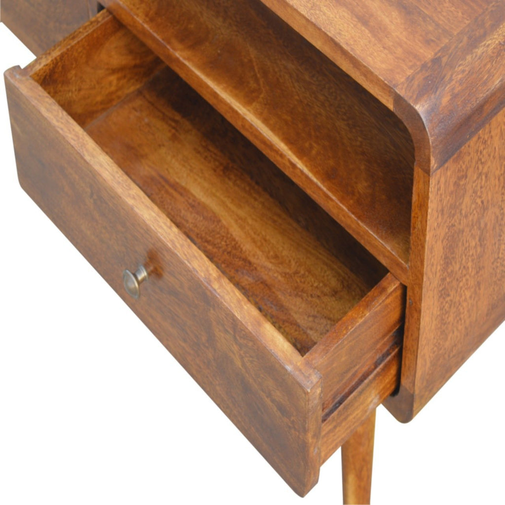Massief mangohout gebogen kastanje mediameubel met 2 lades, open opbergruimte en Scandinavische poten | Kastanje Afwerking | 90x35x47 cm