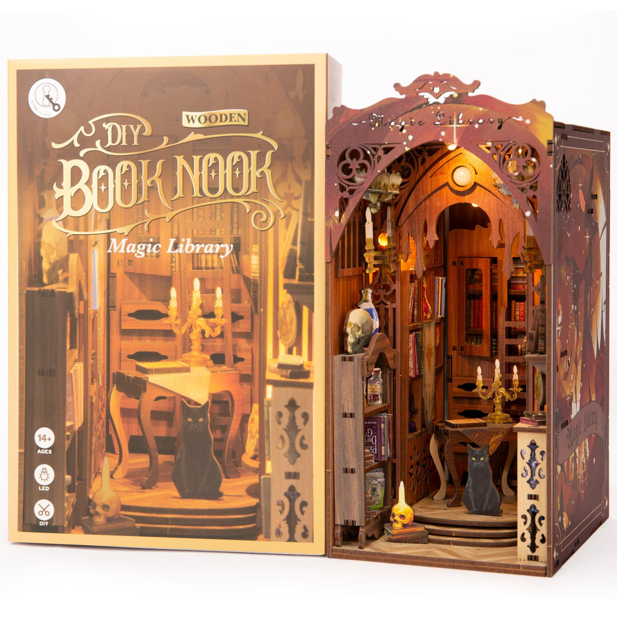 Bouwpakket 3D DIY Boekensteun Booknook Magic Library met LED lichtsensor