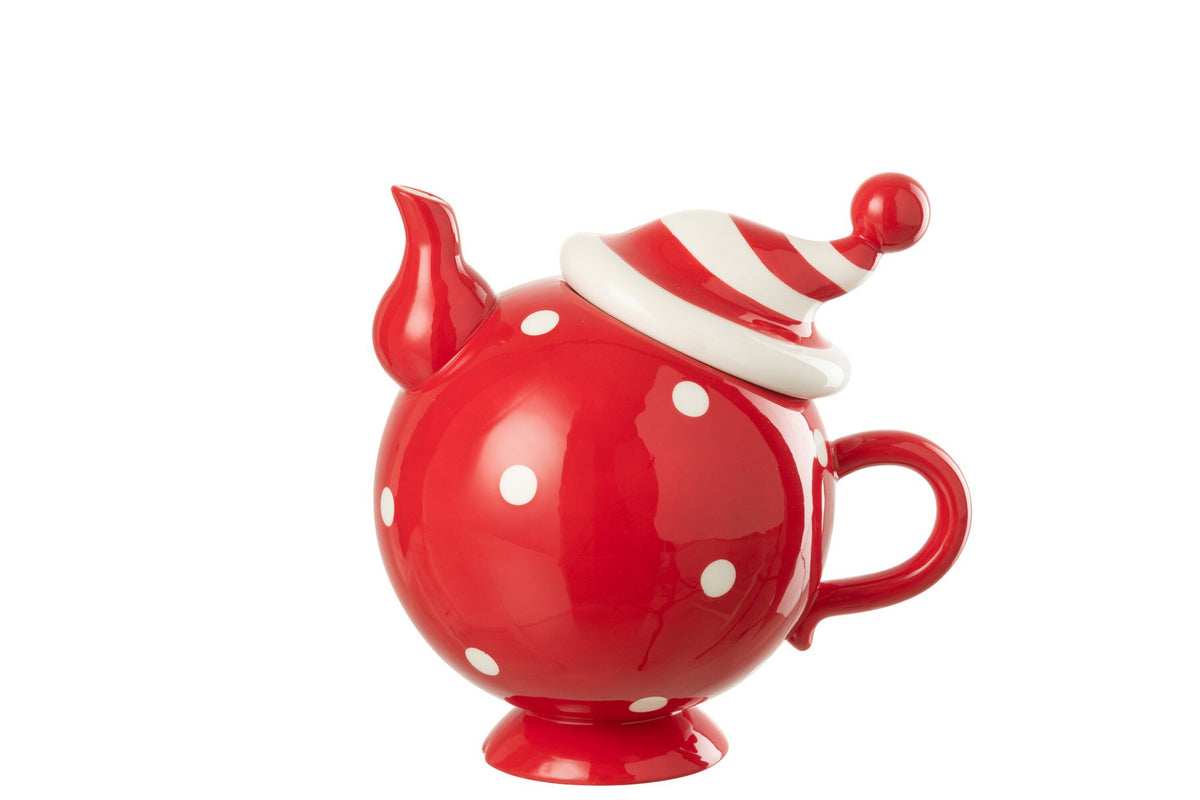 J-Line theepot Kerstmuts Dolomiet - keramiek - kerstrood/wit