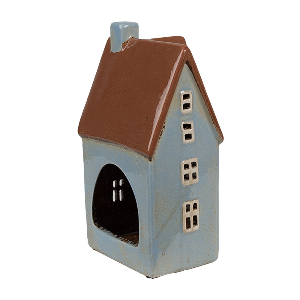 Waxinelichthouder Huis 11x8x20 cm Blauw Bruin Keramiek Theelichthouder