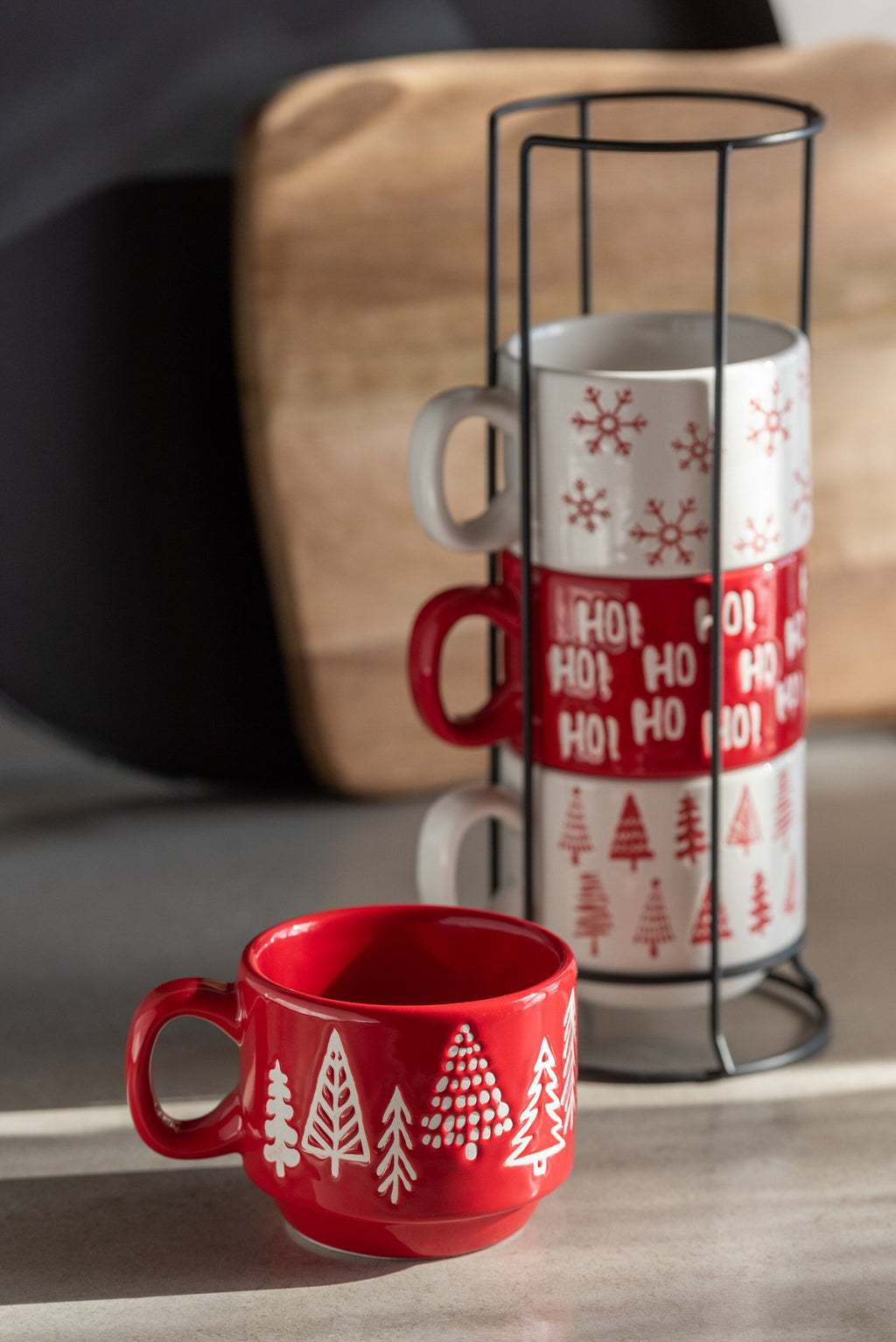 J-Line kop Kerstmis Dolomiet - keramiek - rood/wit - set van 4