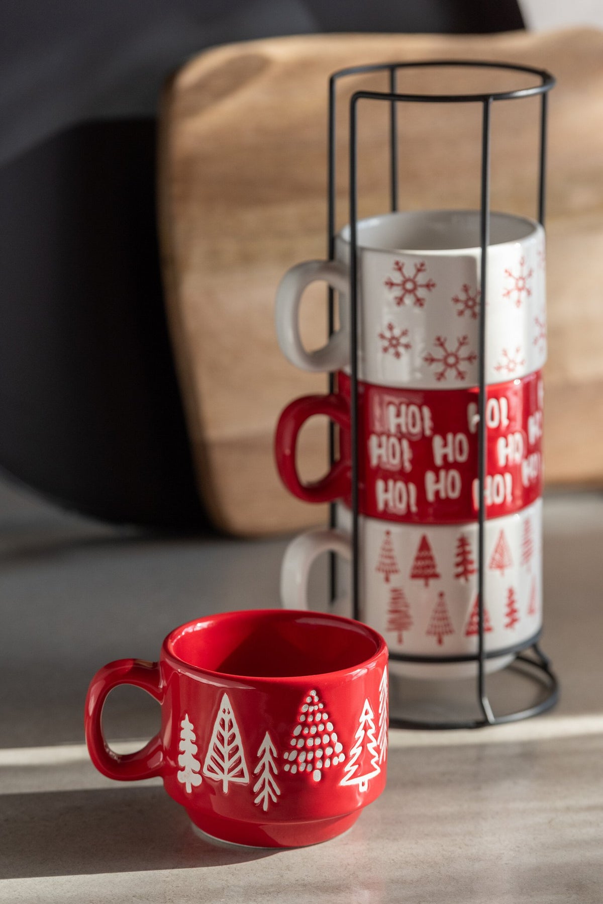 J-Line kop Kerstmis Dolomiet - keramiek - rood/wit - set van 4
