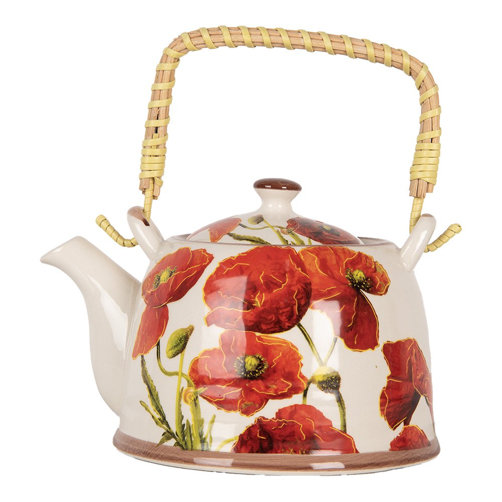 Theepot met Filter 800 ml Wit Rood Keramiek Bloemen