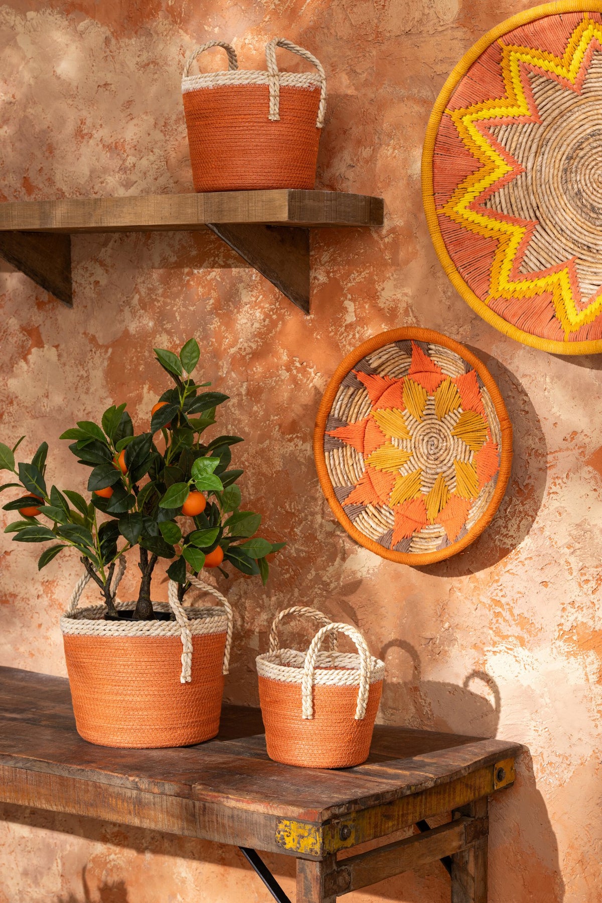 J-Line mand met handvatten - papier - naturel/donkeroranje - set van 3