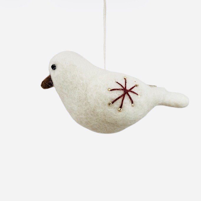 Luna-Leena vogel hangend ornament - bordeaux rode sterren - wol - handgemaakt in Nepal
