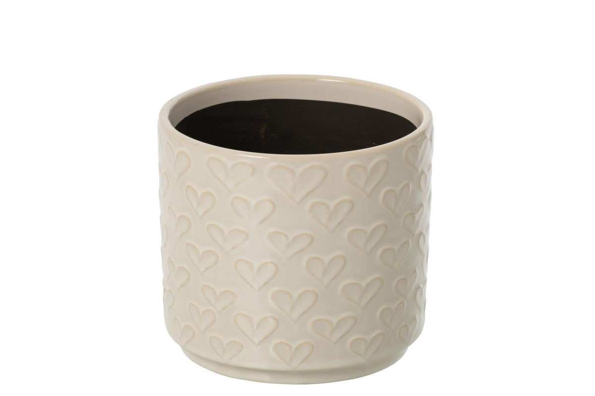J-Line Bloempot met harten - keramiek - ecru - medium