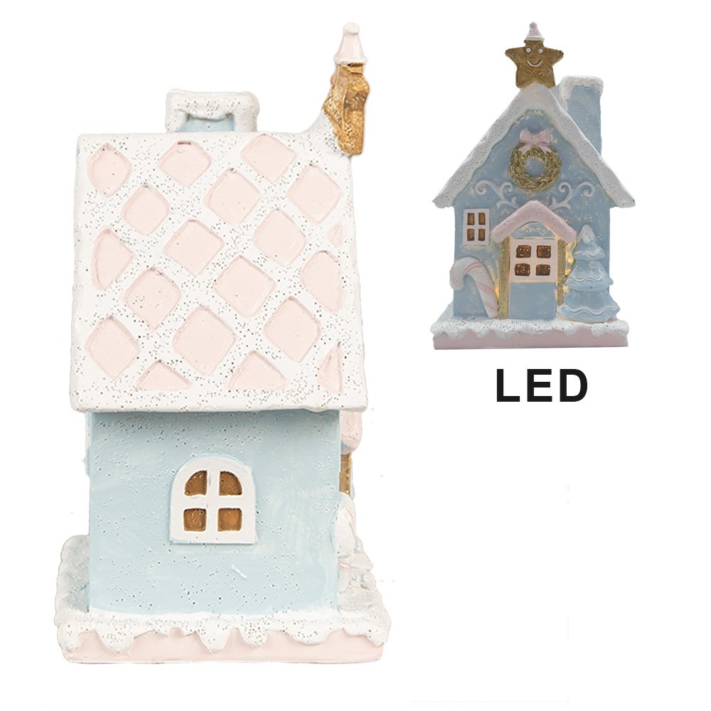 Gingerbread house met LED 9x8x15 cm Blauw Polyresin