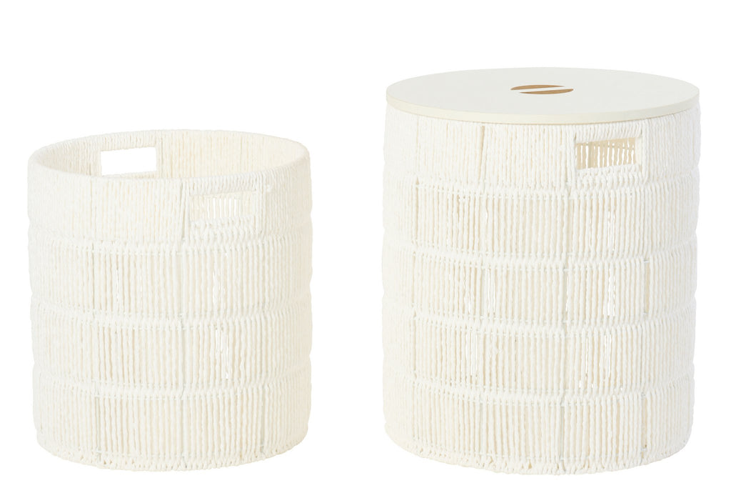 J-Line mand + deksel Rond - ijzer/papier - wit - set van 2