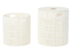 J-Line mand + deksel Rond - ijzer/papier - wit - set van 2