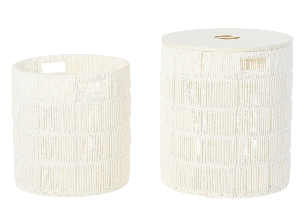 J-Line mand + deksel Rond - ijzer/papier - wit - set van 2