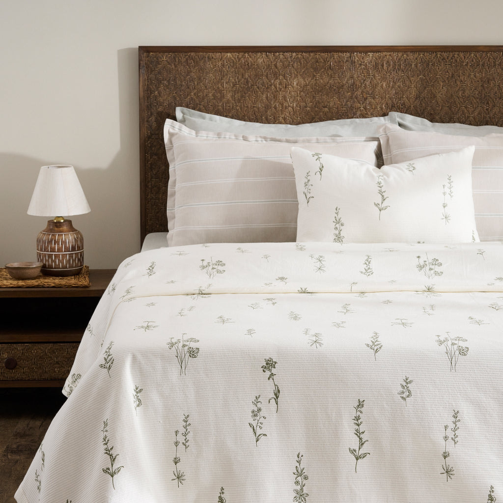 Bedset | Katoenen koord Rib Wildflower schetsen | Koning, 8-delige set