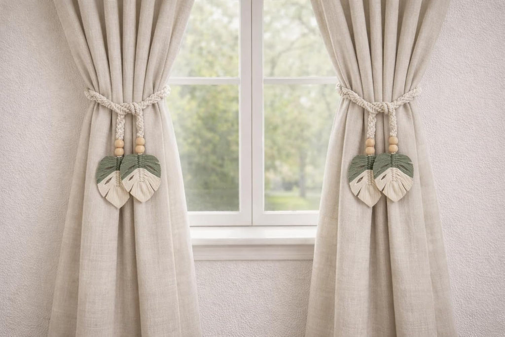 Decoratieve gordijnhouders – Macramé-bindset – bladontwerp van katoenen touw – 2-pack (4x45")