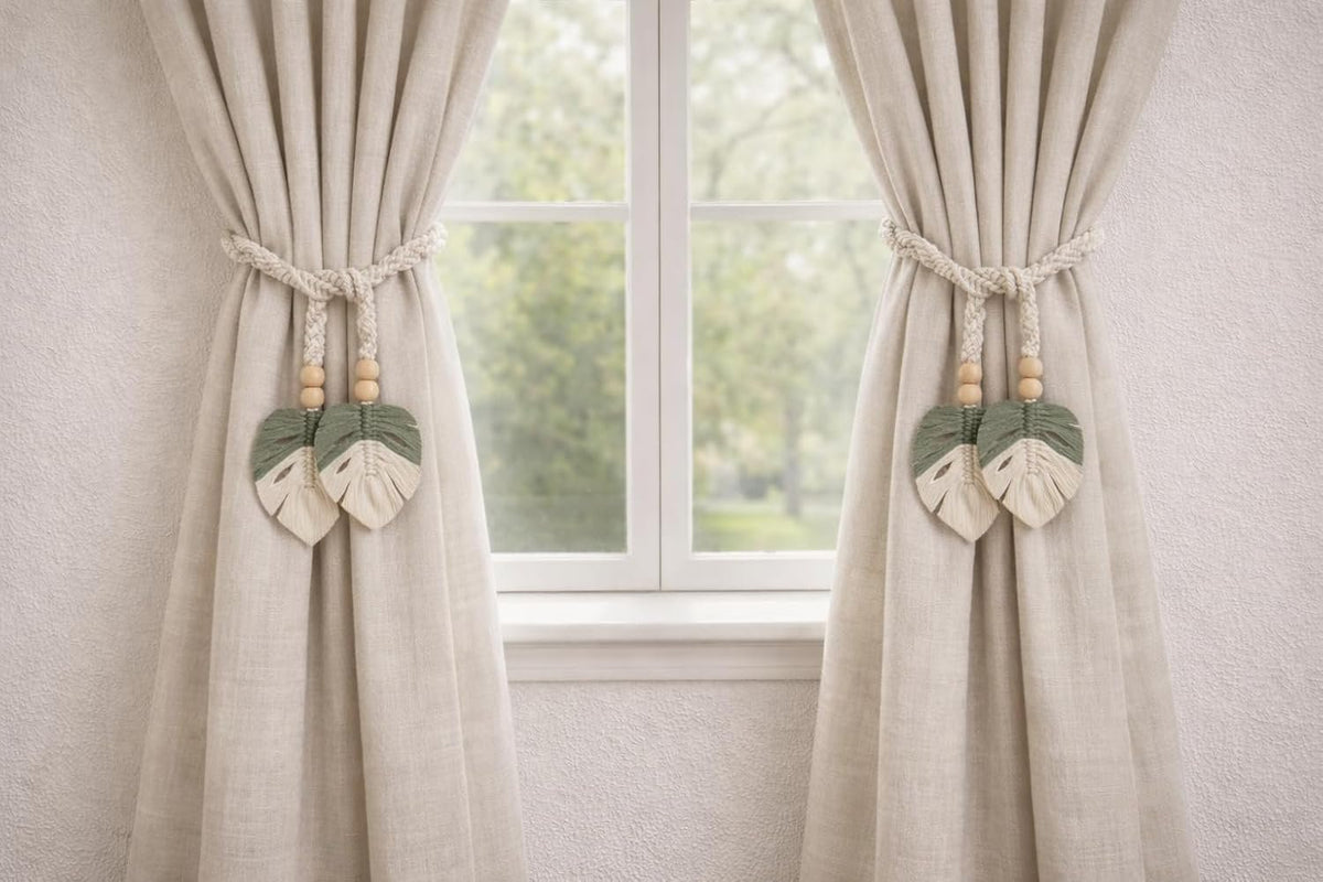 Decoratieve gordijnhouders – Macramé-bindset – bladontwerp van katoenen touw – 2-pack (4x45")