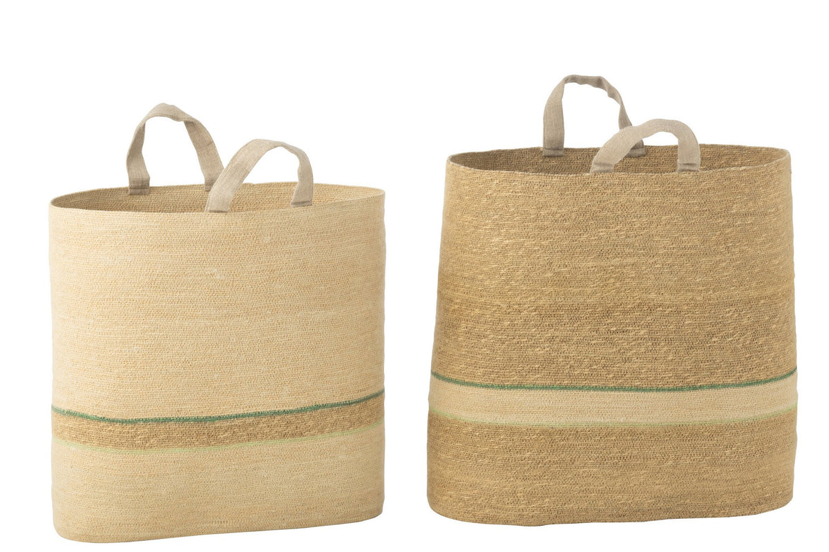 J-Line mand strepen + handvat - naturel/groen - 2 stuks