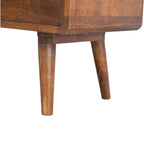 Massief mangohout gebogen kastanje mediameubel met 2 lades, open opbergruimte en Scandinavische poten | Kastanje Afwerking | 90x35x47 cm
