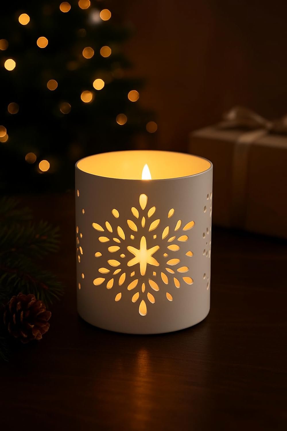 Theelichthouder van gietijzeren rendieren – Kerstsneeuwvlokontwerp – 3x3in