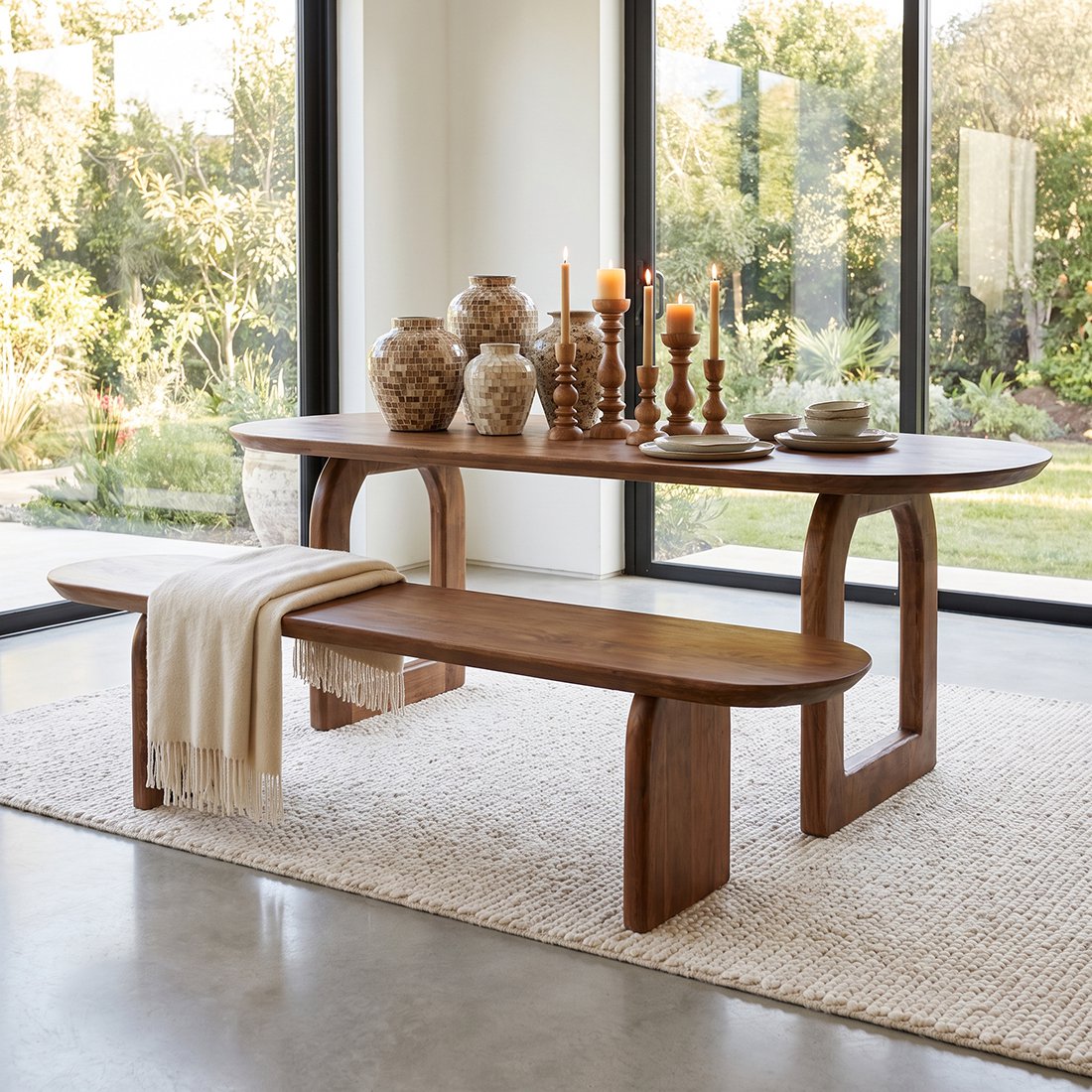 Bullnose mangohouten eetkamerbank bruin