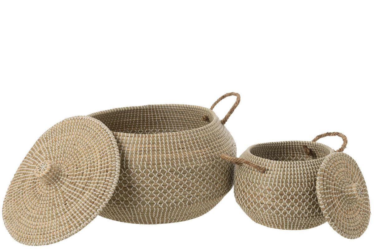 J-Line Set Van 2 Mand Handvat+Deksel Zeegras/Plastic Naturel/Wit