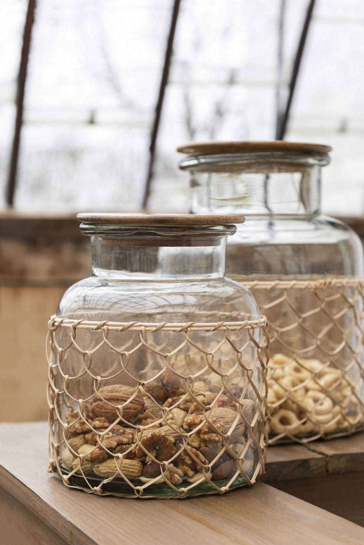 J-Line pot Deksel Breiwerk - glas/hout/jute - transparant - L