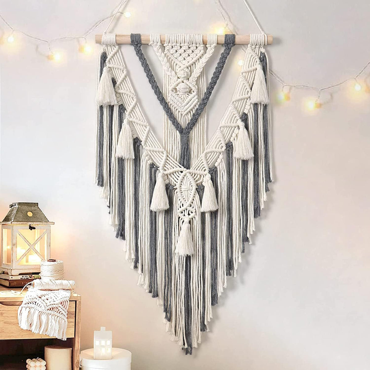 Macrame muurhanger – decoratief accent – natuurlijk touw, houten plug