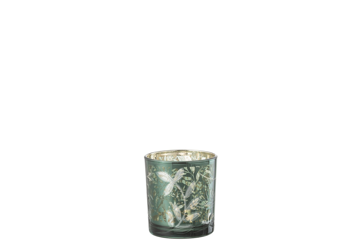 J-Line windlicht Blaadjes - glas - groen/goud - small