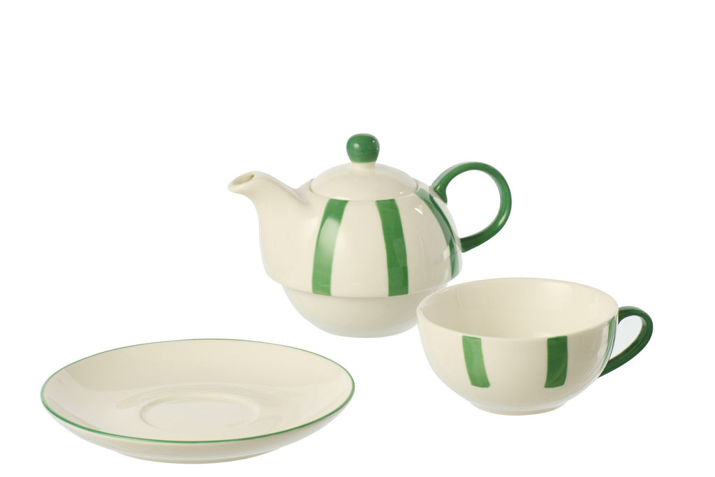 J-Line theepot Gestreept - keramiek - groen/wit