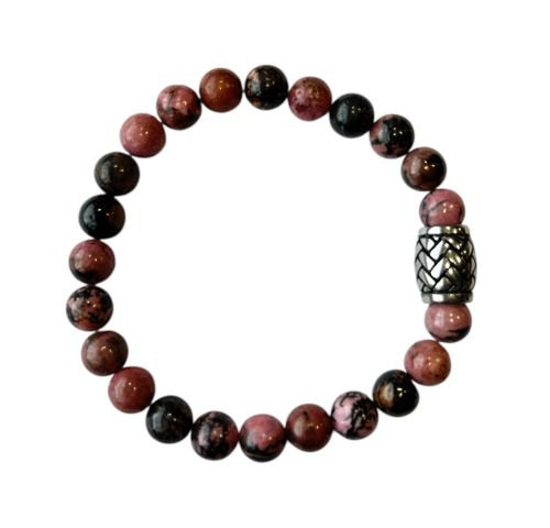 Heren armband Rhodoniet 8 mm met vlecht kraal