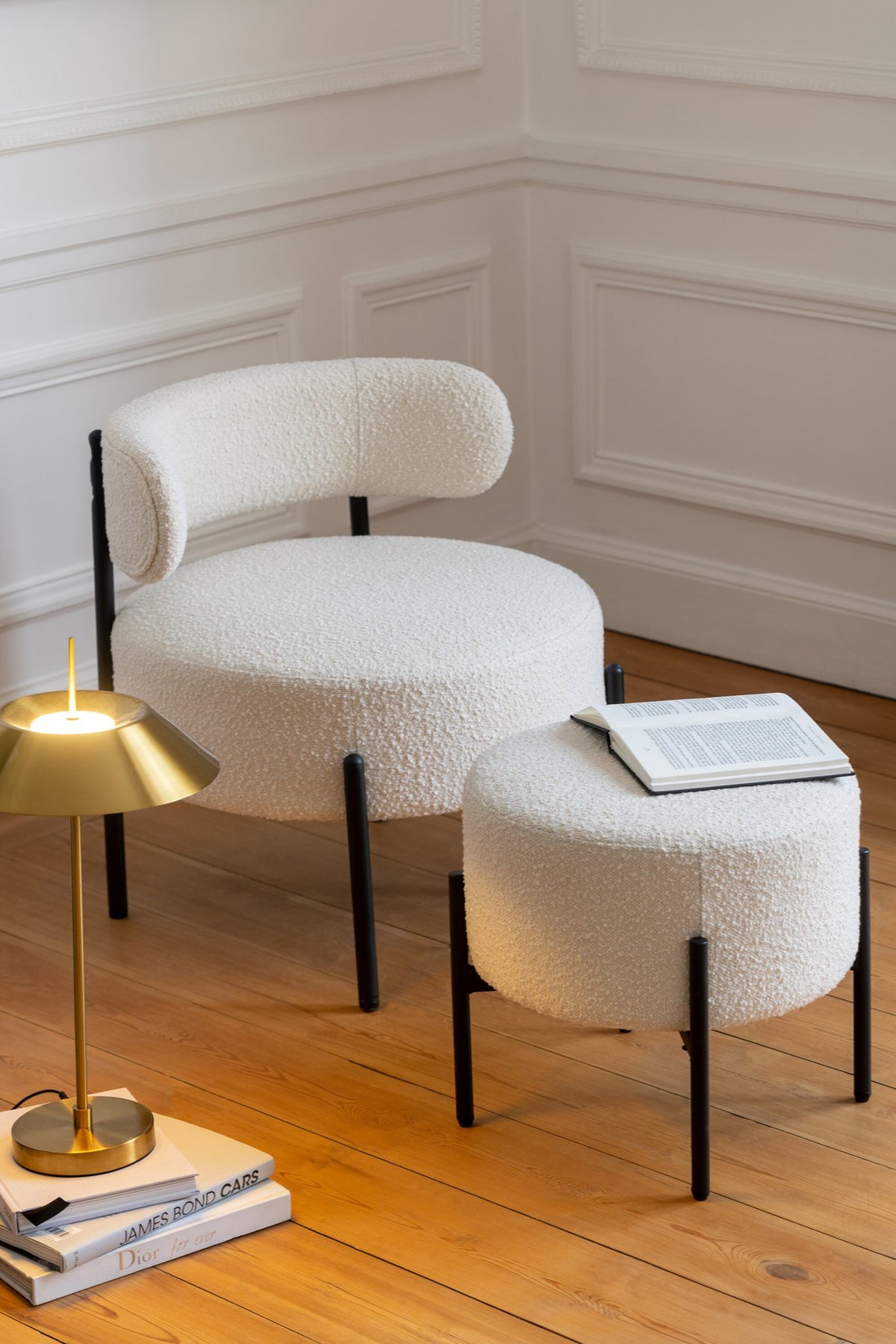 J-Line loungestoel Bouclé - multiplex/polyester - wit/zwart