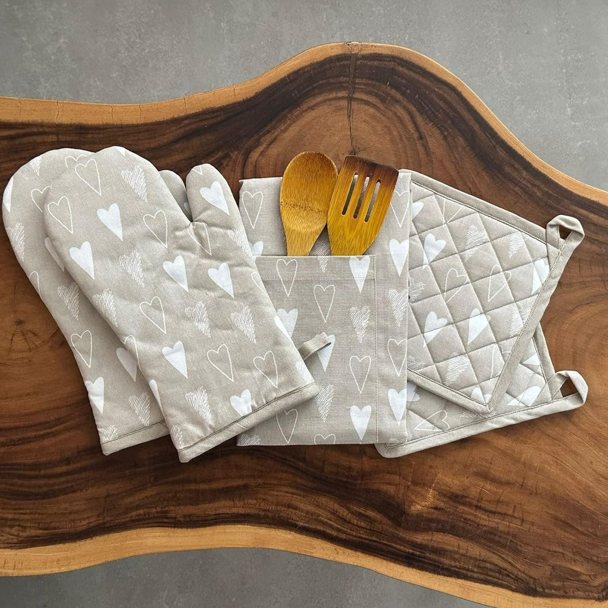 Keukenlinnenset – Schort, Ovenwanten, Pannenlappen – 100% Katoen, Machinewasbaar – 3-delig