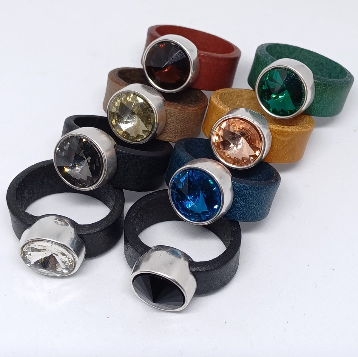 Leren ring 12mm glaskristal (set van 8 stuks)