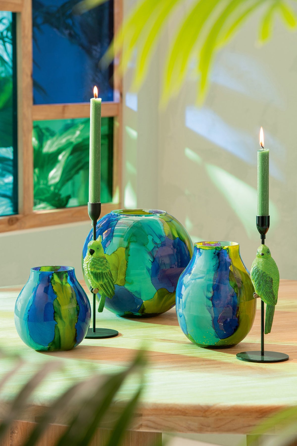 J-Line windlicht - glas - azuurblauw/blauw - S