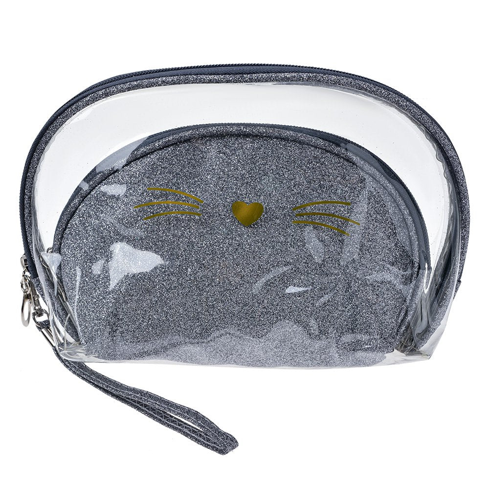 Toilettas Dames Set van 2 24x15 / 19x12 cm Zilverkleurig Polyurethaan Kat