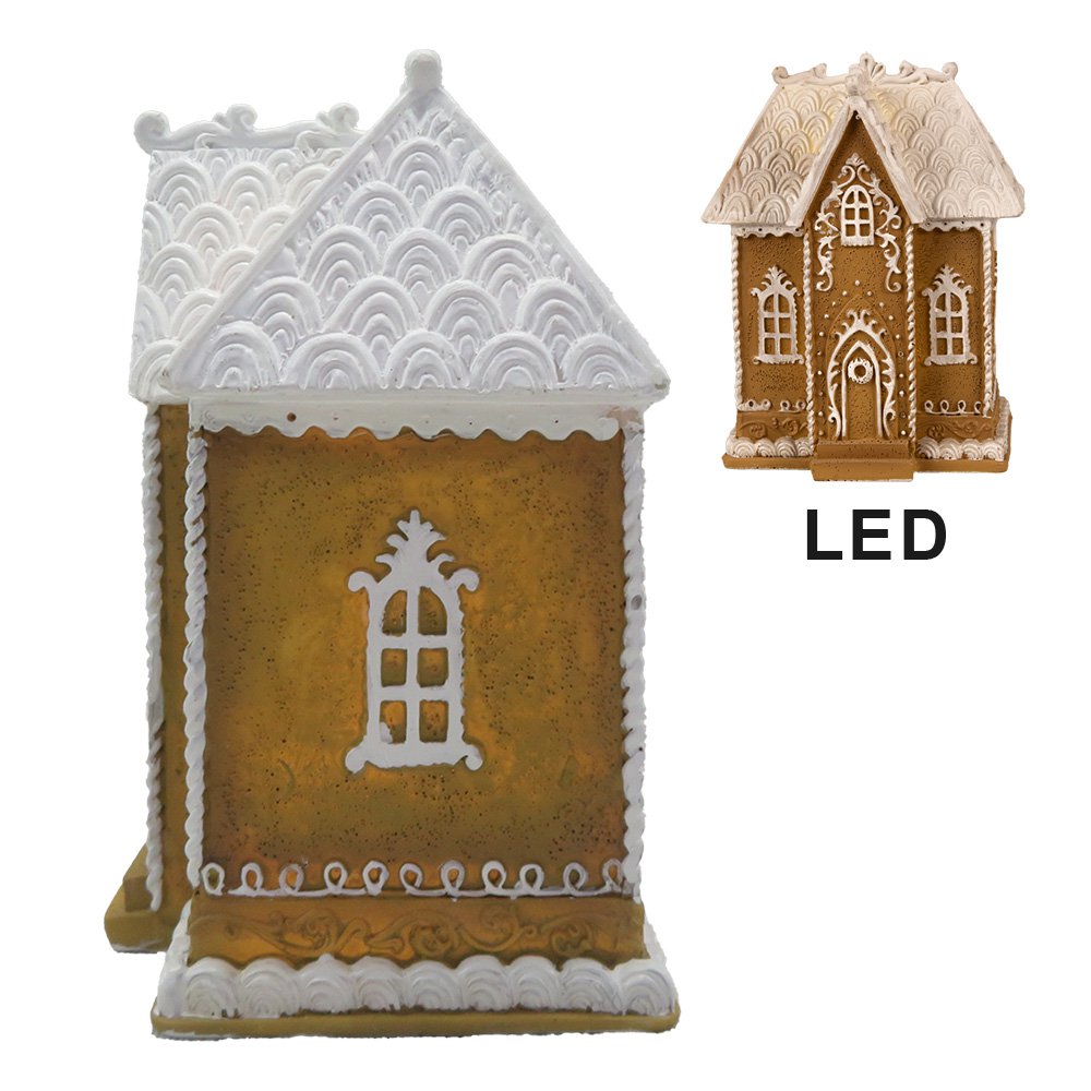Gingerbread house met LED 12x9x15 cm Bruin Polyresin Peperkoekhuisje