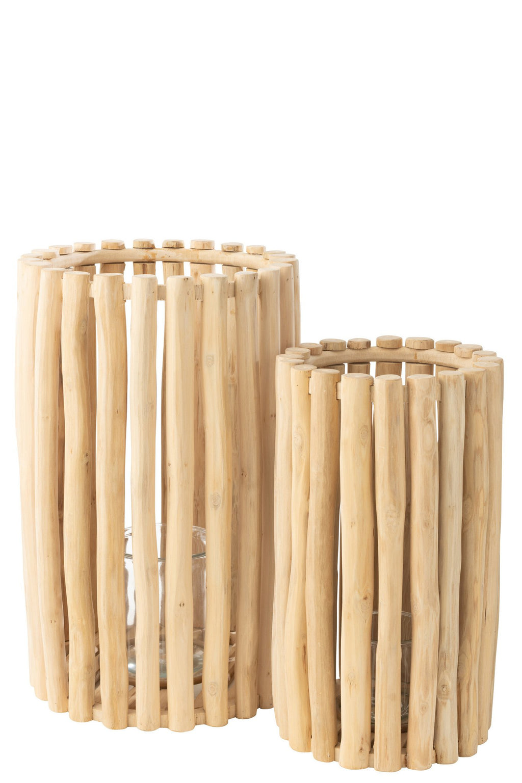 J-Line lantaarn - hout - naturel - set van 2