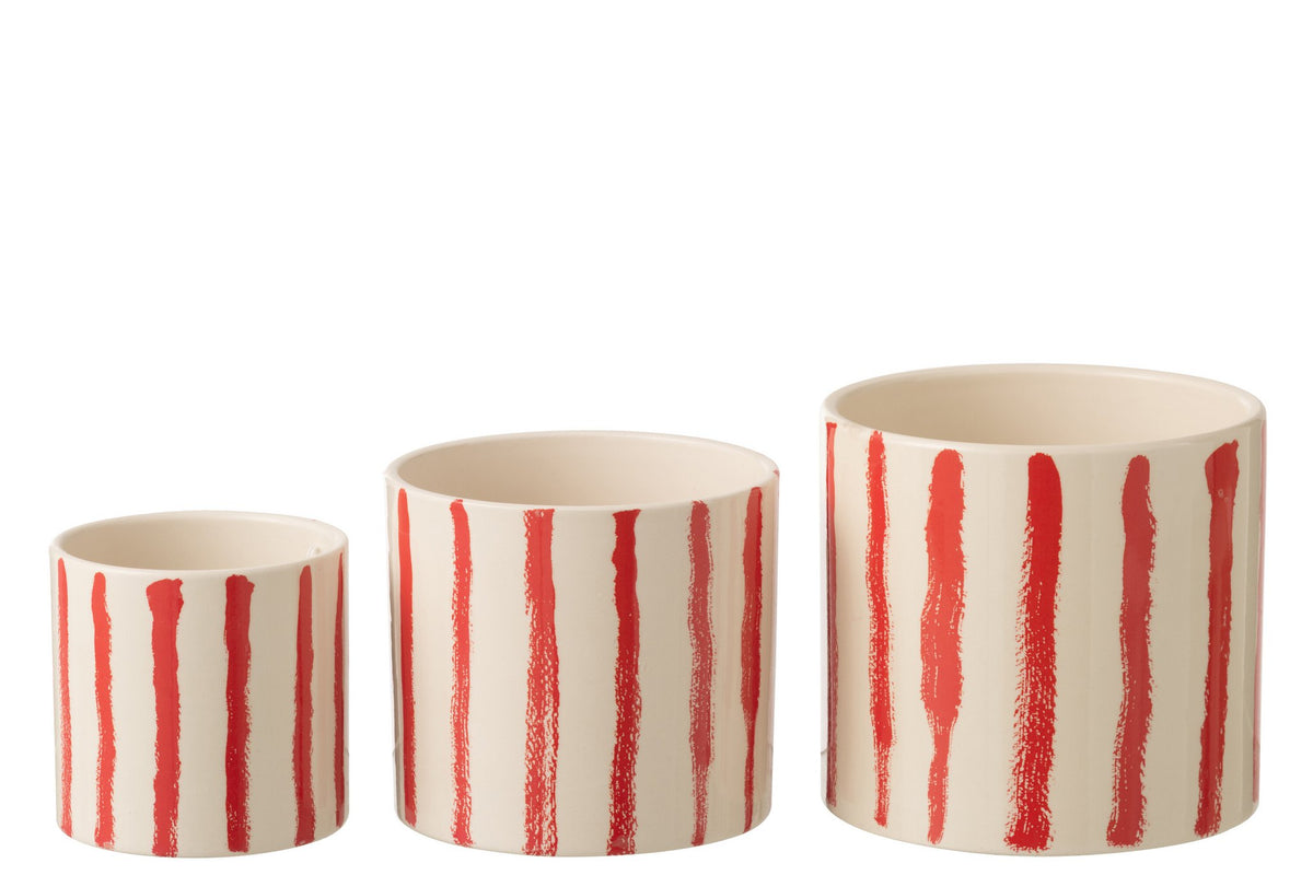 J-Line bloempot Gestreept - keramiek - wit/rood - set van 3