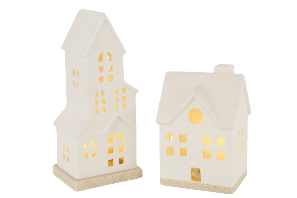 J-Line decoratie Huis 4 Ramen - keramiek - wit - LED