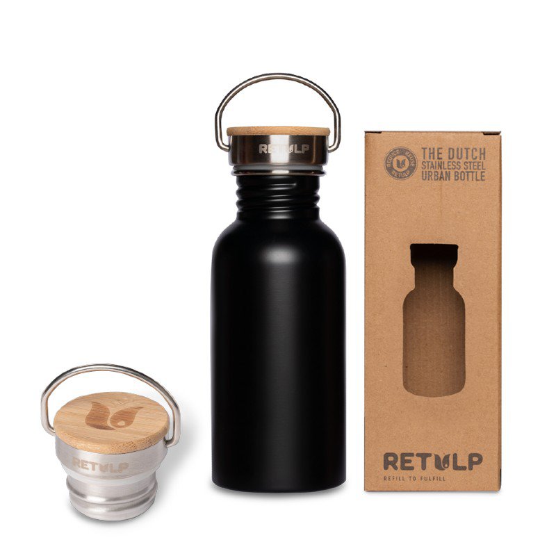 RVS drinkfles bamboe dop 500 ml steel Black