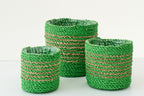 J-Line bloempot Gestreept - zeegras - naturel/groen - set van 3