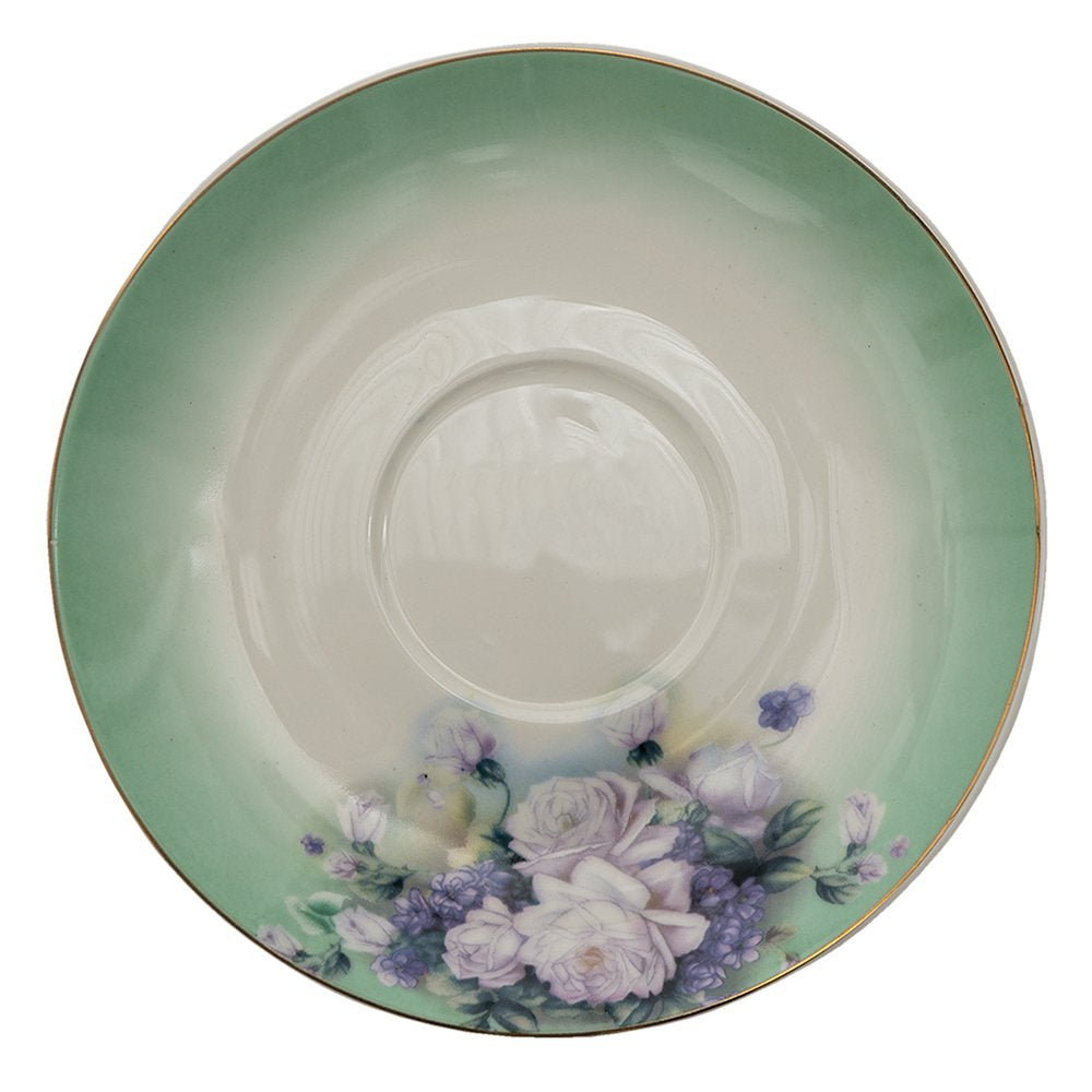 Kop en Schotel 200 ml Groen Wit Porselein Bloemen Servies