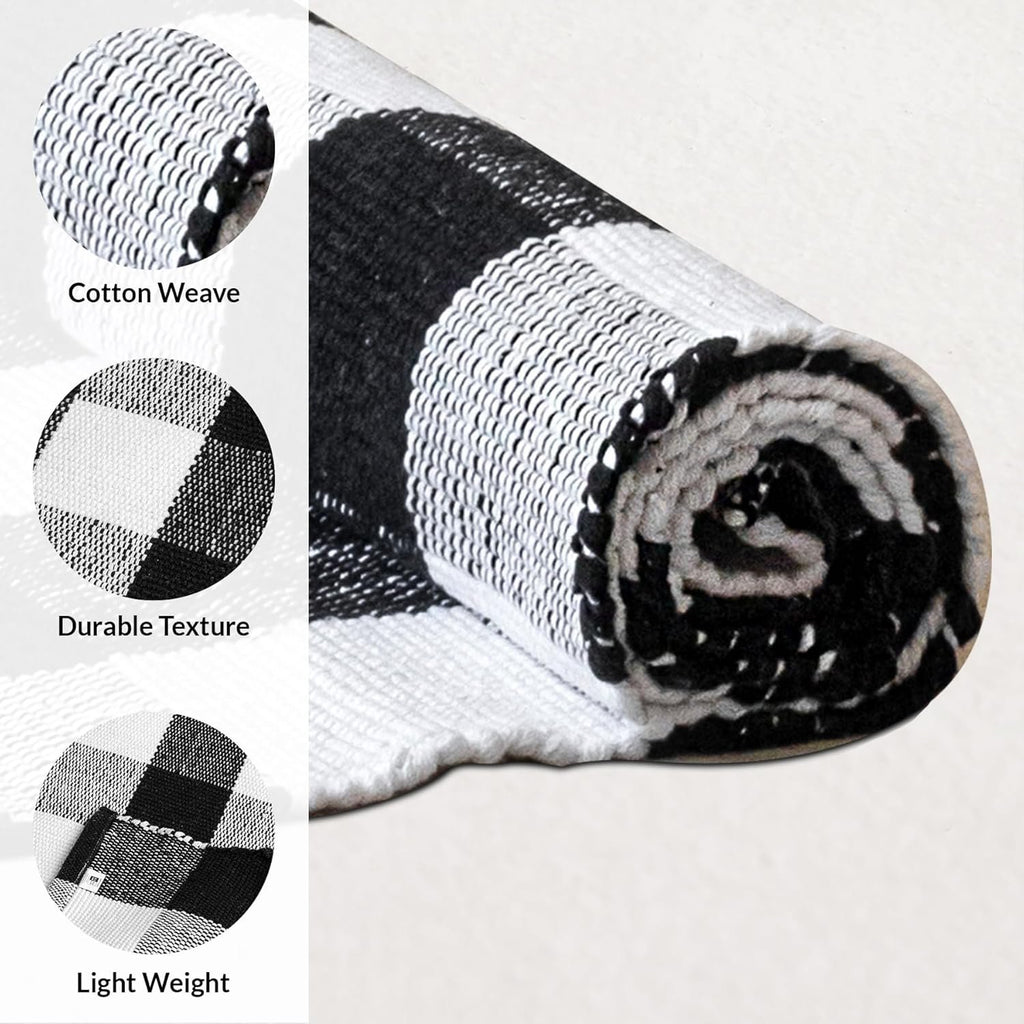 Katoenen vloerkleed – handgeweven wasbaar – zwart en wit 2x6 voet
